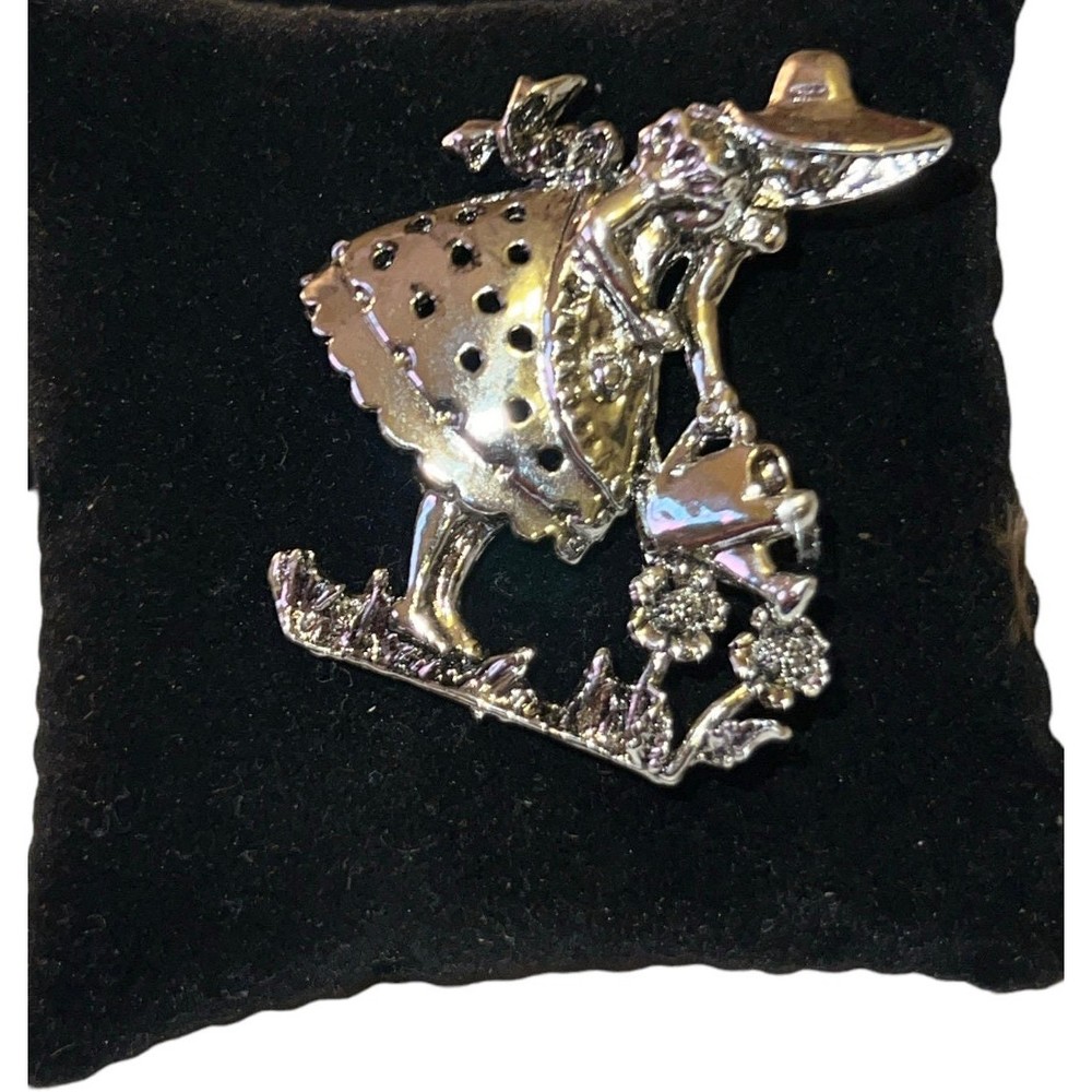Girl with Watering Can Pin Flowers Silvertone Metal Garden Cute